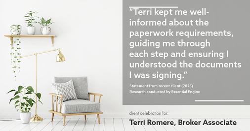 Testimonial for real estate agent Terri Romere, Broker Associate with Powered by kw-LONESTAR Realty in Cedar Park, TX: "Terri kept me well-informed about the paperwork requirements, guiding me through each step and ensuring I understood the documents I was signing."