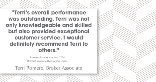 Testimonial for real estate agent Terri Romere, Broker Associate with Powered by kw-LONESTAR Realty in Cedar Park, TX: "Terri's overall performance was outstanding. Terri was not only knowledgeable and skilled but also provided exceptional customer service. I would definitely recommend Terri to others."