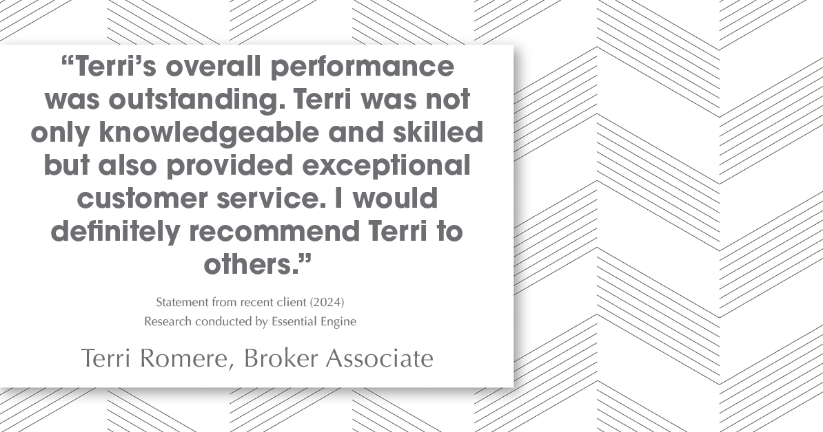 Testimonial for real estate agent Terri Romere, Broker Associate with Powered by kw-LONESTAR Realty in Cedar Park, TX: "Terri's overall performance was outstanding. Terri was not only knowledgeable and skilled but also provided exceptional customer service. I would definitely recommend Terri to others."