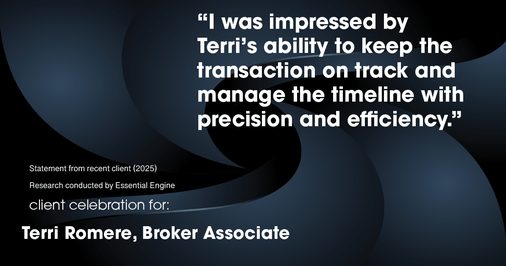 Testimonial for real estate agent Terri Romere, Broker Associate with Powered by kw-LONESTAR Realty in Cedar Park, TX: "I was impressed by Terri's ability to keep the transaction on track and manage the timeline with precision and efficiency."