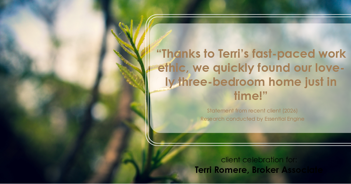 Testimonial for real estate agent Terri Romere, Broker Associate with Powered by kw-LONESTAR Realty in Cedar Park, TX: "Thanks to Terri's fast-paced work ethic, we quickly found our lovely three-bedroom home just in time!"