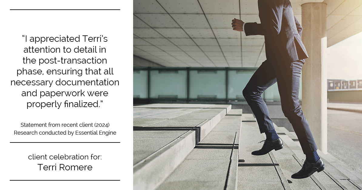 Testimonial for real estate agent Terri Romere with Keller Williams Lonestar in Austin, TX: "I appreciated Terri's attention to detail in the post-transaction phase, ensuring that all necessary documentation and paperwork were properly finalized."