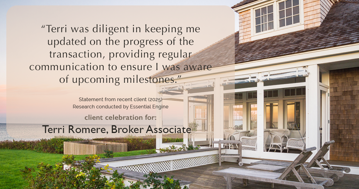 Testimonial for real estate agent Terri Romere, Broker Associate with Powered by kw-LONESTAR Realty in Cedar Park, TX: "Terri was diligent in keeping me updated on the progress of the transaction, providing regular communication to ensure I was aware of upcoming milestones."