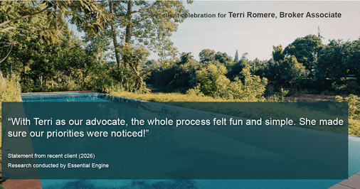 Testimonial for real estate agent Terri Romere, Broker Associate with Powered by kw-LONESTAR Realty in Cedar Park, TX: "With Terri as our advocate, the whole process felt fun and simple. She made sure our priorities were noticed!"