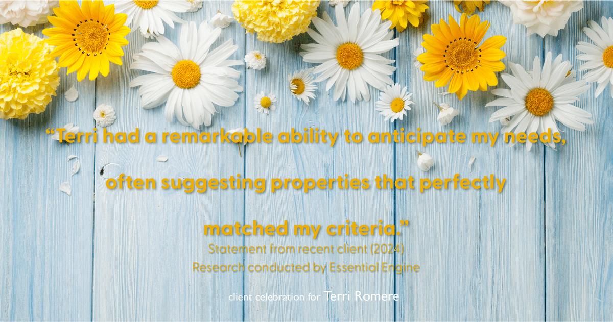 Testimonial for real estate agent Terri Romere with Keller Williams Lonestar in Austin, TX: "Terri had a remarkable ability to anticipate my needs, often suggesting properties that perfectly matched my criteria."