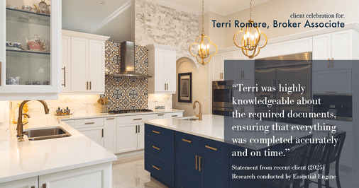 Testimonial for real estate agent Terri Romere, Broker Associate with Powered by kw-LONESTAR Realty in Cedar Park, TX: "Terri was highly knowledgeable about the required documents, ensuring that everything was completed accurately and on time."