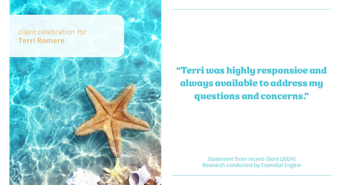 Testimonial for real estate agent Terri Romere with Keller Williams Lonestar in Austin, TX: "Terri was highly responsive and always available to address my questions and concerns."