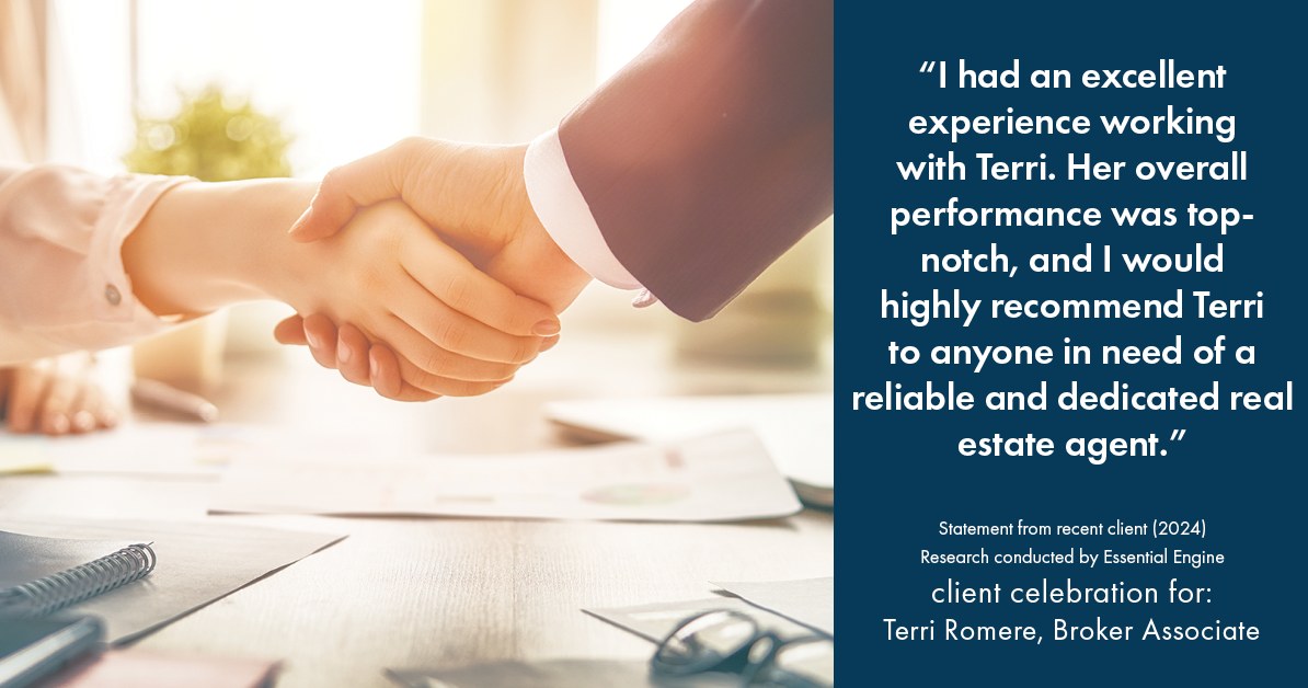 Testimonial for real estate agent Terri Romere, Broker Associate with Powered by kw-LONESTAR Realty in Cedar Park, TX: "I had an excellent experience working with Terri. Her overall performance was top-notch, and I would highly recommend Terri to anyone in need of a reliable and dedicated real estate agent."