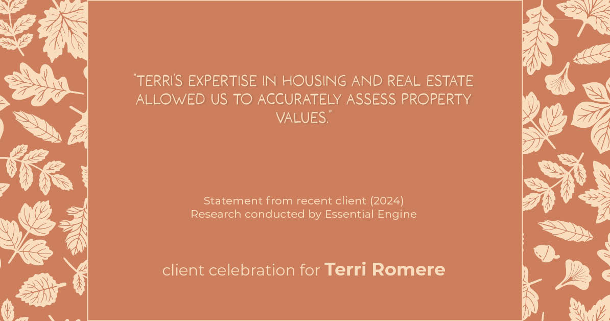 Testimonial for real estate agent Terri Romere, Broker Associate with Powered by kw-LONESTAR Realty in Cedar Park, TX: "Terri's expertise in housing and real estate allowed us to accurately assess property values."