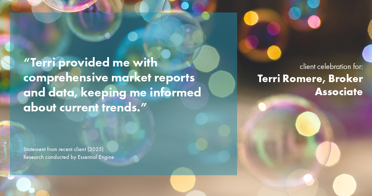 Testimonial for real estate agent Terri Romere, Broker Associate with Powered by kw-LONESTAR Realty in Cedar Park, TX: "Terri provided me with comprehensive market reports and data, keeping me informed about current trends."