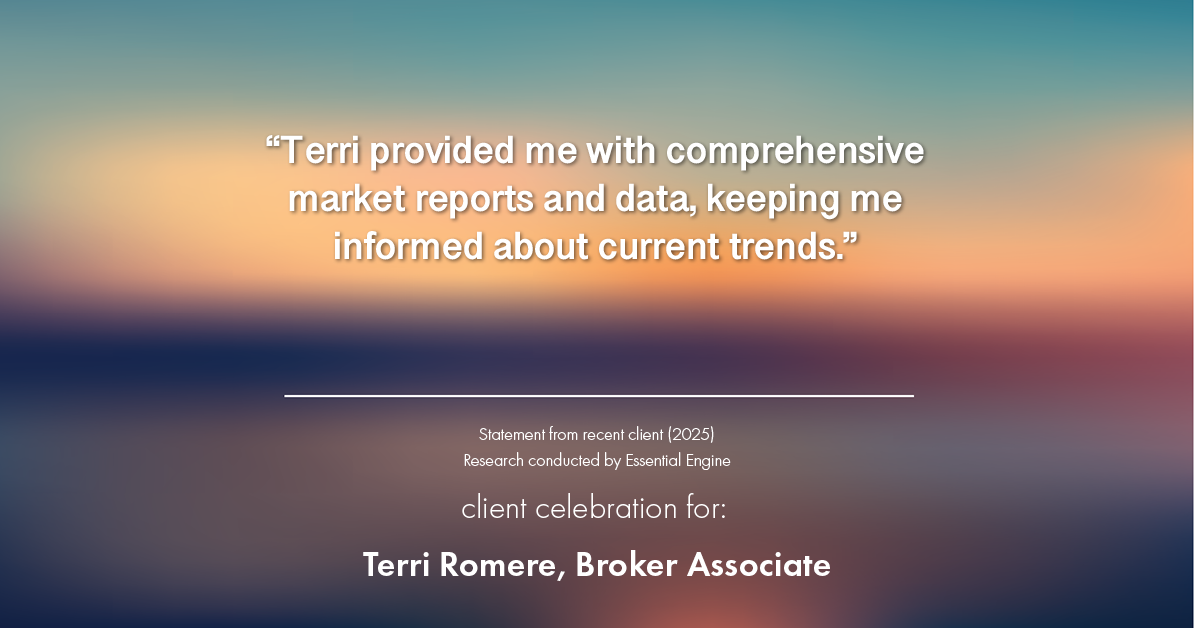 Testimonial for real estate agent Terri Romere, Broker Associate with Powered by kw-LONESTAR Realty in Cedar Park, TX: "Terri provided me with comprehensive market reports and data, keeping me informed about current trends."