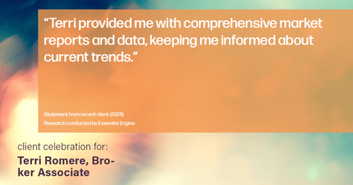 Testimonial for real estate agent Terri Romere, Broker Associate with Powered by kw-LONESTAR Realty in Cedar Park, TX: "Terri provided me with comprehensive market reports and data, keeping me informed about current trends."