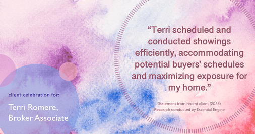 Testimonial for real estate agent Terri Romere, Broker Associate with Powered by kw-LONESTAR Realty in Cedar Park, TX: "Terri scheduled and conducted showings efficiently, accommodating potential buyers' schedules and maximizing exposure for my home."