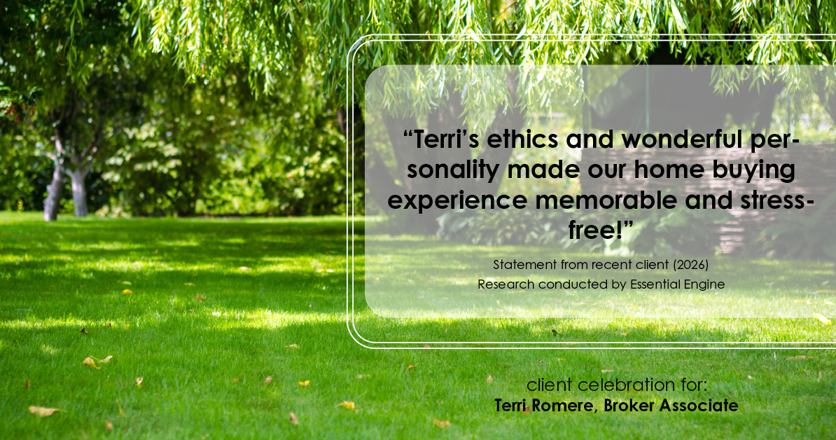 Testimonial for real estate agent Terri Romere, Broker Associate with Powered by kw-LONESTAR Realty in Cedar Park, TX: "Terri's ethics and wonderful personality made our home buying experience memorable and stress-free!"