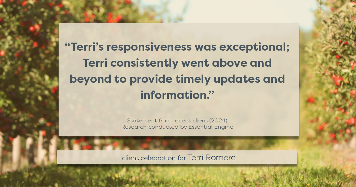 Testimonial for real estate agent Terri Romere, Broker Associate with Powered by kw-LONESTAR Realty in Cedar Park, TX: "Terri's responsiveness was exceptional; Terri consistently went above and beyond to provide timely updates and information."