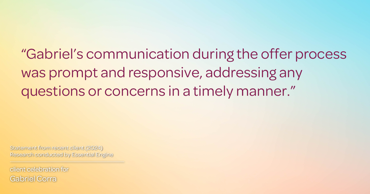 Testimonial for real estate agent Gabriel Corra with Exlence Realty, LLC in Prosper, Texas: "Gabriel's communication during the offer process was prompt and responsive, addressing any questions or concerns in a timely manner."