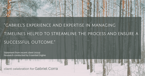 Testimonial for real estate agent Gabriel Corra with Exlence Realty, LLC in Prosper, Texas: "Gabriel's experience and expertise in managing timelines helped to streamline the process and ensure a successful outcome."