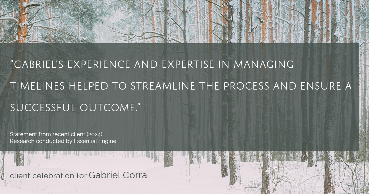 Testimonial for real estate agent Gabriel Corra with Exlence Realty, LLC in Prosper, Texas: "Gabriel's experience and expertise in managing timelines helped to streamline the process and ensure a successful outcome."