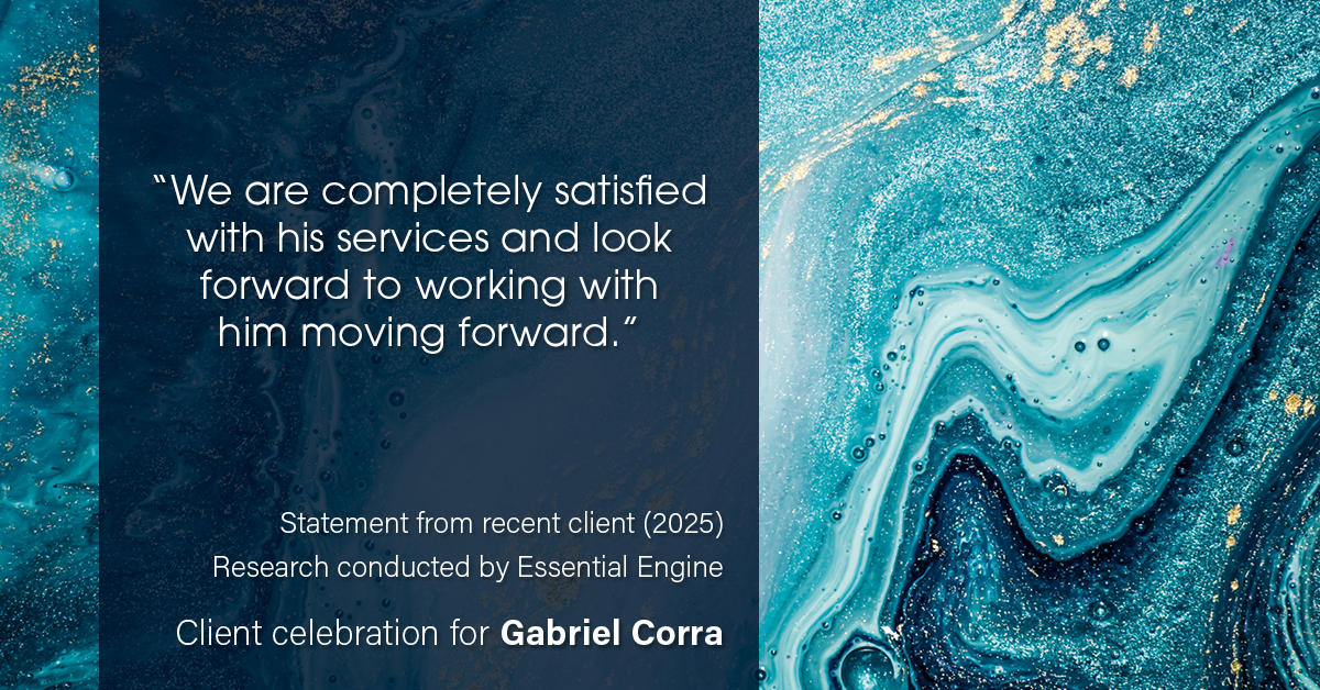 Testimonial for real estate agent Gabriel Corra with Exlence Realty, LLC in Prosper, Texas: “We are completely satisfied with his services and look forward to working with him moving forward.”