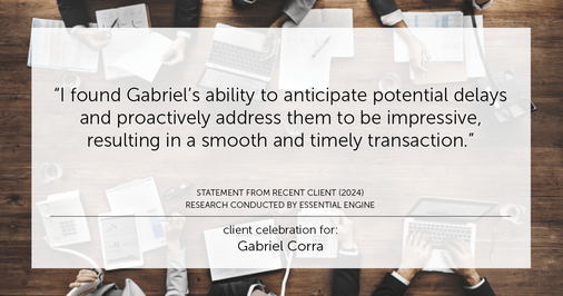 Testimonial for real estate agent Gabriel Corra with Exlence Realty, LLC in Prosper, Texas: "I found Gabriel's ability to anticipate potential delays and proactively address them to be impressive, resulting in a smooth and timely transaction."