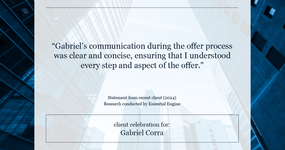 Testimonial for real estate agent Gabriel Corra with Exlence Realty, LLC in Prosper, Texas: "Gabriel's communication during the offer process was clear and concise, ensuring that I understood every step and aspect of the offer."