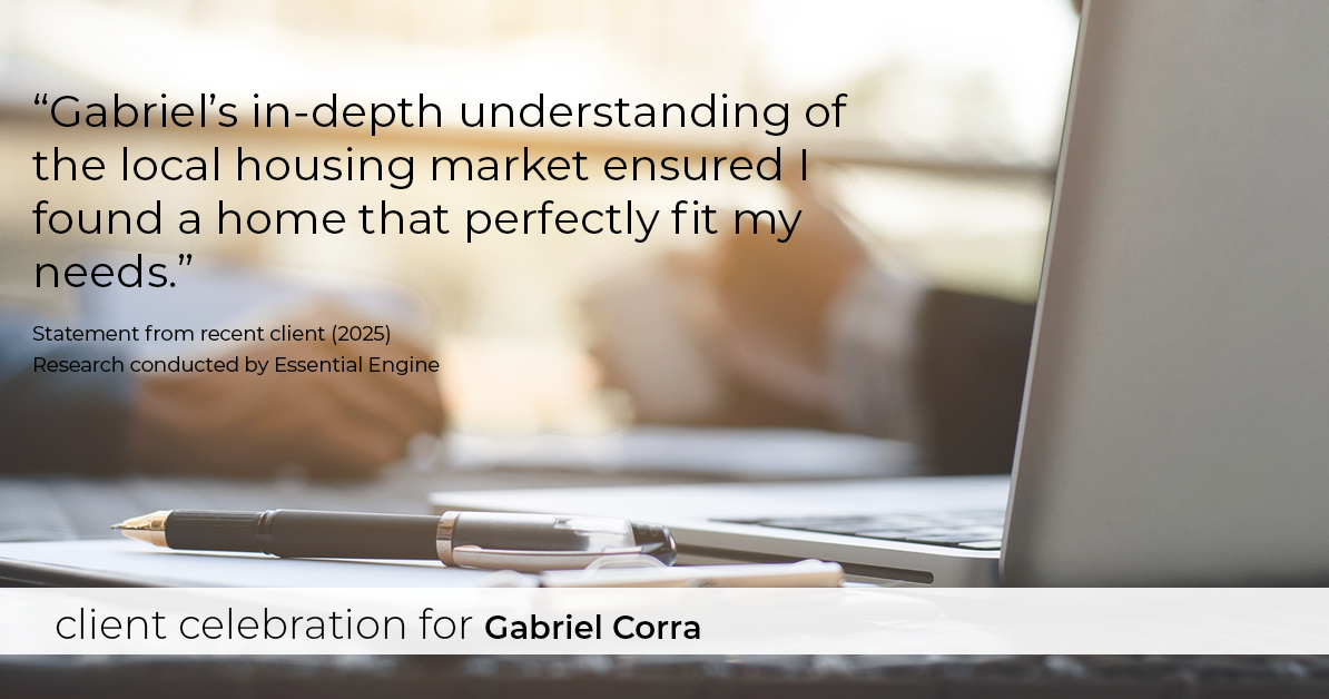 Testimonial for real estate agent Gabriel Corra with Exlence Realty, LLC in Prosper, Texas: "Gabriel's in-depth understanding of the local housing market ensured I found a home that perfectly fit my needs."