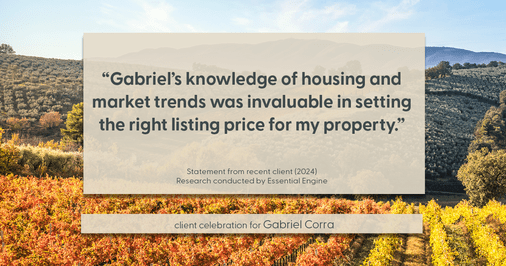 Testimonial for real estate agent Gabriel Corra with Exlence Realty, LLC in Prosper, Texas: "Gabriel's knowledge of housing and market trends was invaluable in setting the right listing price for my property."