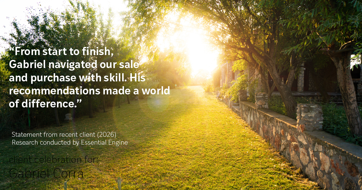 Testimonial for real estate agent Gabriel Corra with Exlence Realty, LLC in Prosper, Texas: "From start to finish, Gabriel navigated our sale and purchase with skill. His recommendations made a world of difference."