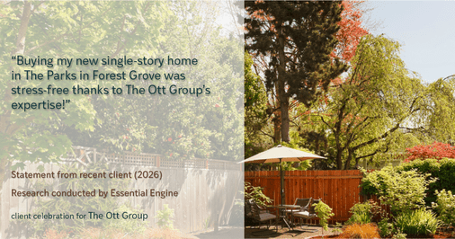 Testimonial for real estate agent The Ott Group with MORE Realty in Beaverton, OR: "Buying my new single-story home in The Parks in Forest Grove was stress-free thanks to The Ott Group's expertise!"