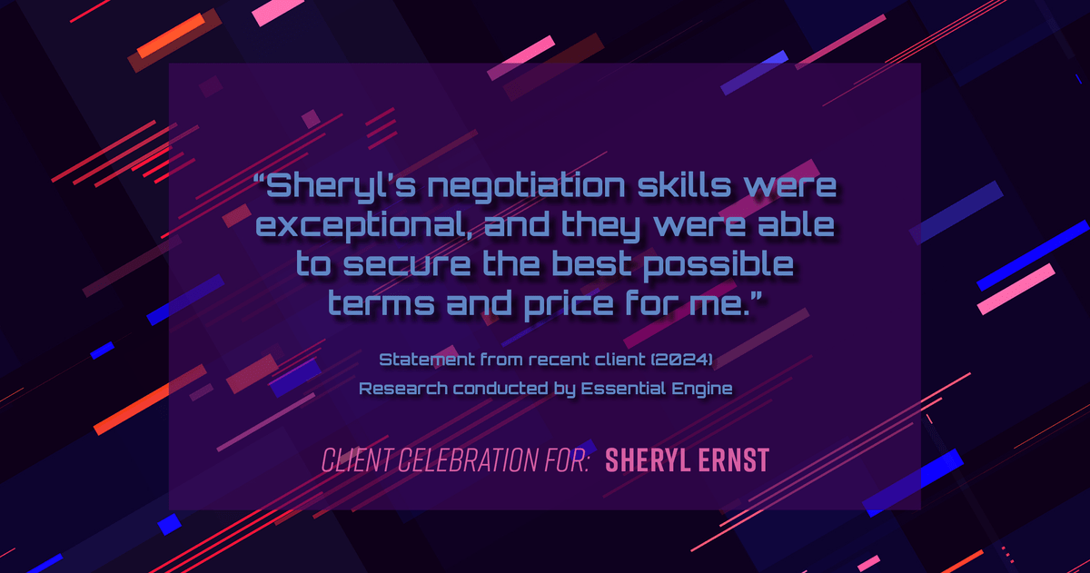 Testimonial for real estate agent Sheryl Ernst with Jump Start Realty, LLC in Milwaukee, WI: "Sheryl's negotiation skills were exceptional, and they were able to secure the best possible terms and price for me."