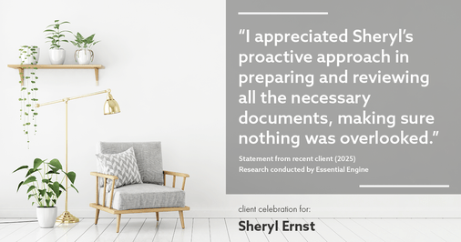 Testimonial for real estate agent Sheryl Ernst with Jump Start Realty, LLC in Milwaukee, WI: "I appreciated Sheryl's proactive approach in preparing and reviewing all the necessary documents, making sure nothing was overlooked."