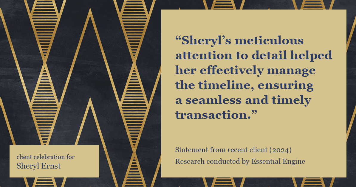 Testimonial for real estate agent Sheryl Ernst with Jump Start Realty, LLC in Milwaukee, WI: "Sheryl's meticulous attention to detail helped them effectively manage the timeline, ensuring a seamless and timely transaction."