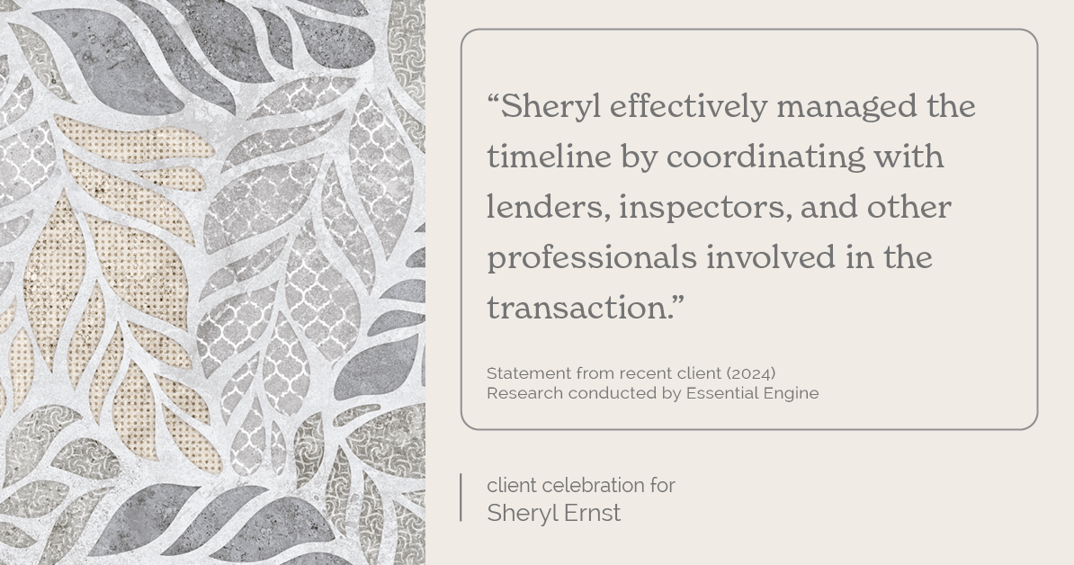 Testimonial for real estate agent Sheryl Ernst with Jump Start Realty, LLC in Milwaukee, WI: "Sheryl effectively managed the timeline by coordinating with lenders, inspectors, and other professionals involved in the transaction."