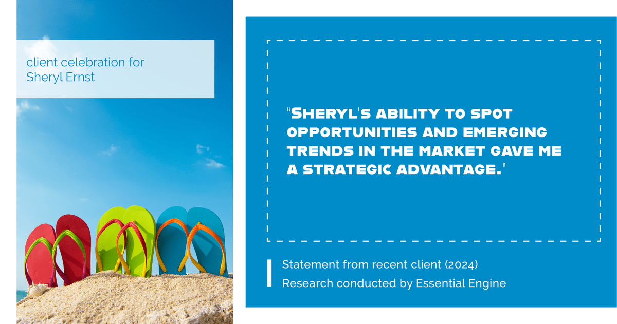 Testimonial for real estate agent Sheryl Ernst with Jump Start Realty, LLC in Milwaukee, WI: "Sheryl's ability to spot opportunities and emerging trends in the market gave me a strategic advantage."