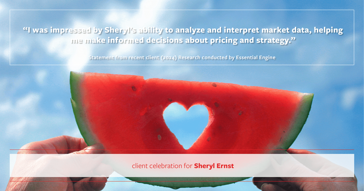 Testimonial for real estate agent Sheryl Ernst with Jump Start Realty, LLC in Milwaukee, WI: "I was impressed by Sheryl's ability to analyze and interpret market data, helping me make informed decisions about pricing and strategy."