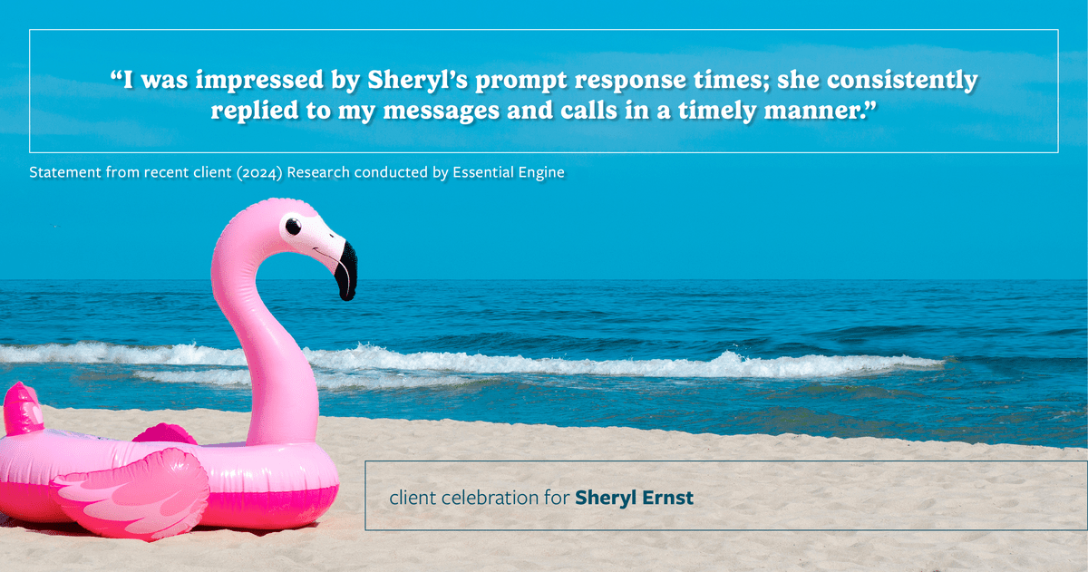 Testimonial for real estate agent Sheryl Ernst with Jump Start Realty, LLC in Milwaukee, WI: "I was impressed by Sheryl's prompt response times; she consistently replied to my messages and calls in a timely manner."