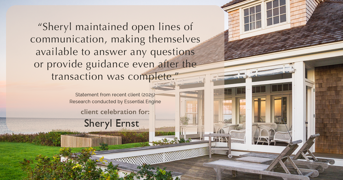 Testimonial for real estate agent Sheryl Ernst with Jump Start Realty, LLC in Milwaukee, WI: "Sheryl maintained open lines of communication, making themselves available to answer any questions or provide guidance even after the transaction was complete."