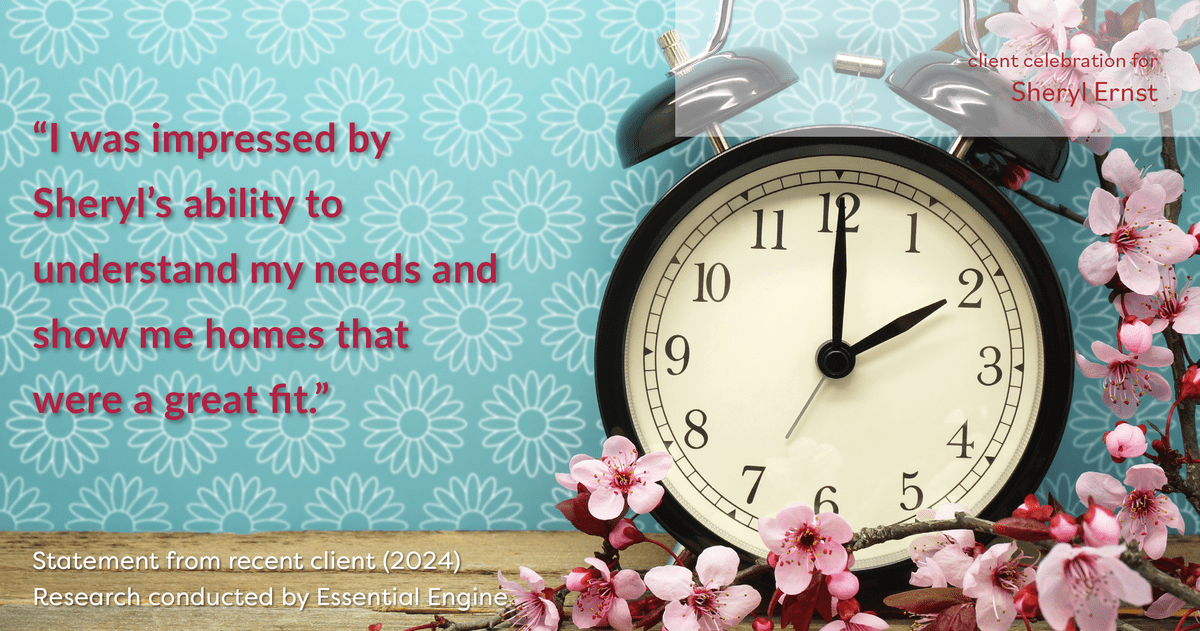 Testimonial for real estate agent Sheryl Ernst with Jump Start Realty, LLC in Milwaukee, WI: "I was impressed by Sheryl's ability to understand my needs and show me homes that were a great fit."