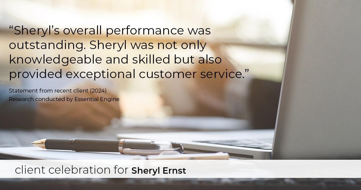 Testimonial for real estate agent Sheryl Ernst with Jump Start Realty, LLC in Milwaukee, WI: "Sheryl's overall performance was outstanding. Sheryl was not only knowledgeable and skilled but also provided exceptional customer service. I would definitely recommend Sheryl to others."