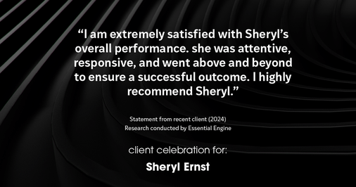 Testimonial for real estate agent Sheryl Ernst with Jump Start Realty, LLC in Milwaukee, WI: "I am extremely satisfied with Sheryl's overall performance. she was attentive, responsive, and went above and beyond to ensure a successful outcome. I highly recommend Sheryl."