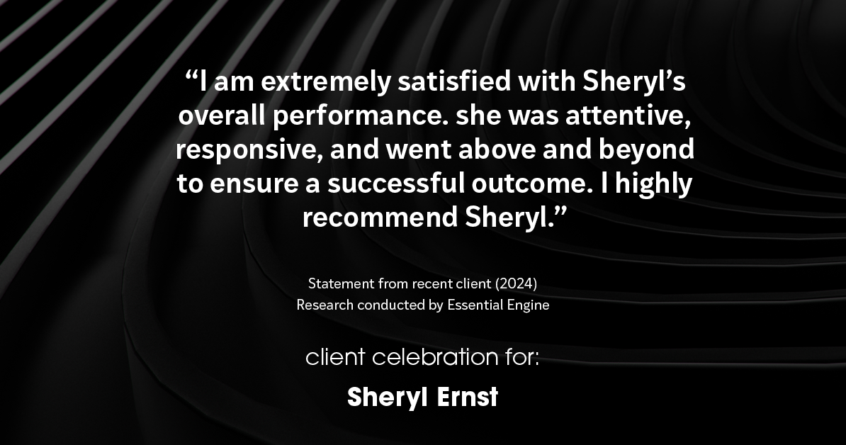 Testimonial for real estate agent Sheryl Ernst with Jump Start Realty, LLC in Milwaukee, WI: "I am extremely satisfied with Sheryl's overall performance. she was attentive, responsive, and went above and beyond to ensure a successful outcome. I highly recommend Sheryl."