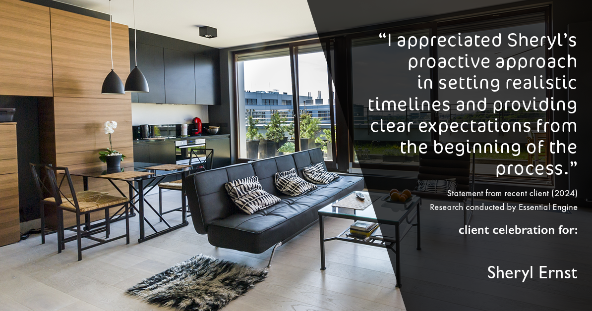 Testimonial for real estate agent Sheryl Ernst with Jump Start Realty, LLC in Milwaukee, WI: "I appreciated Sheryl's proactive approach in setting realistic timelines and providing clear expectations from the beginning of the process."