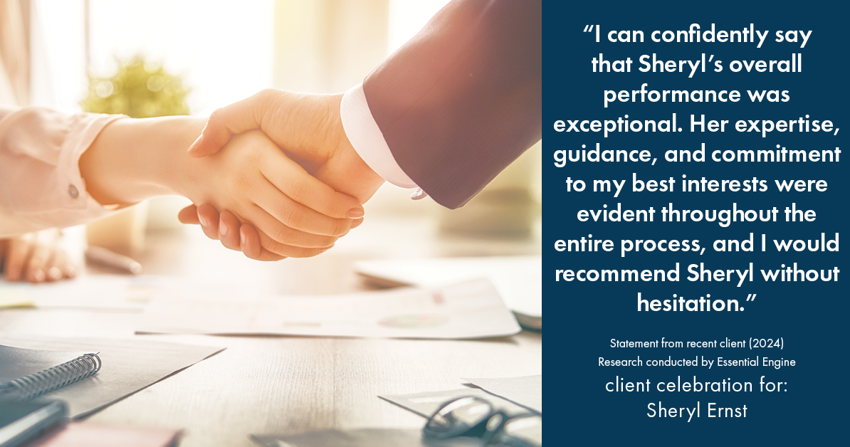 Testimonial for real estate agent Sheryl Ernst with Jump Start Realty, LLC in Milwaukee, WI: "I can confidently say that Sheryl's overall performance was exceptional. Her expertise, guidance, and commitment to my best interests were evident throughout the entire process, and I would recommend Sheryl without hesitation."