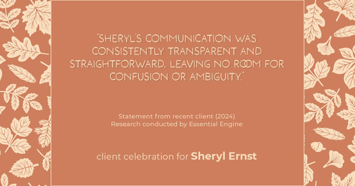 Testimonial for real estate agent Sheryl Ernst with Jump Start Realty, LLC in Milwaukee, WI: "Sheryl's communication was consistently transparent and straightforward, leaving no room for confusion or ambiguity."