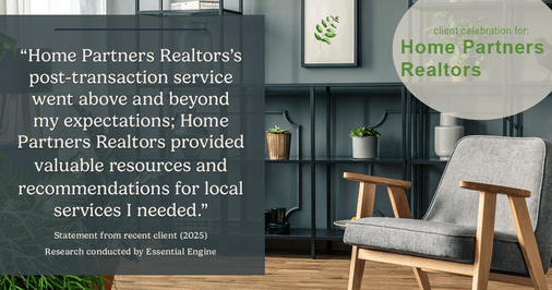 Testimonial for real estate agent Home Partners Realtors with Home Partners Realtors in Dallas, TX: "Home Partners Realtors's post-transaction service went above and beyond my expectations; Home Partners Realtors provided valuable resources and recommendations for local services I needed."