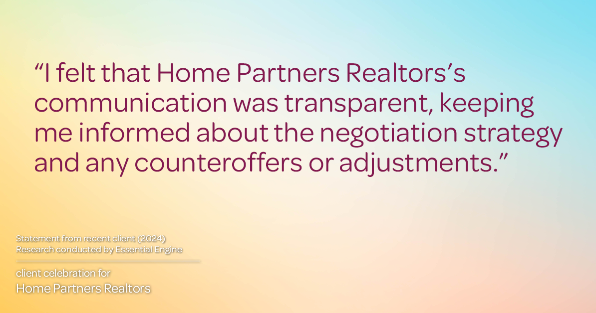 Testimonial for real estate agent Home Partners Realtors with Home Partners Realtors in Dallas, TX: "I felt that Home Partners Realtors's communication was transparent, keeping me informed about the negotiation strategy and any counteroffers or adjustments."