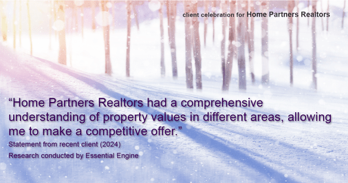 Testimonial for real estate agent Home Partners Realtors with Home Partners Realtors in Dallas, TX: "Home Partners Realtors had a comprehensive understanding of property values in different areas, allowing me to make a competitive offer."