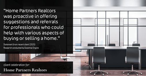 Testimonial for real estate agent Home Partners Realtors with Home Partners Realtors in Dallas, TX: "Home Partners Realtors was proactive in offering suggestions and referrals for professionals who could help with various aspects of buying or selling a home."