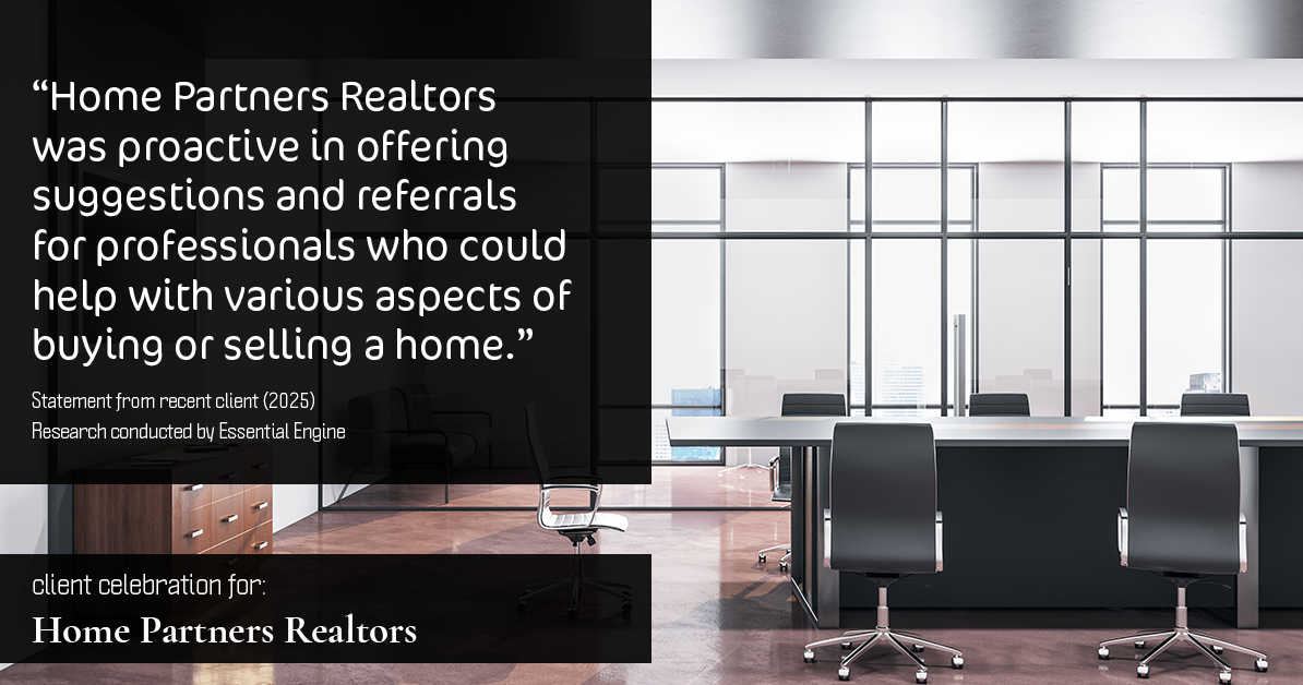 Testimonial for real estate agent Home Partners Realtors with Home Partners Realtors in Dallas, TX: "Home Partners Realtors was proactive in offering suggestions and referrals for professionals who could help with various aspects of buying or selling a home."