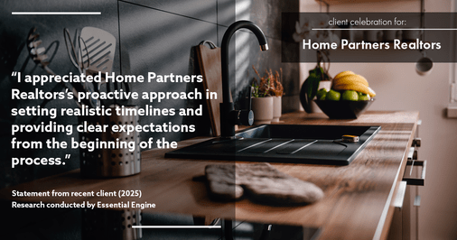 Testimonial for real estate agent Home Partners Realtors with Home Partners Realtors in Dallas, TX: "I appreciated Home Partners Realtors's proactive approach in setting realistic timelines and providing clear expectations from the beginning of the process."